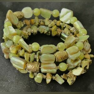 Boho Earthy 4-Strand Gemstone & Shell Memory Wire Wrap Bracelet